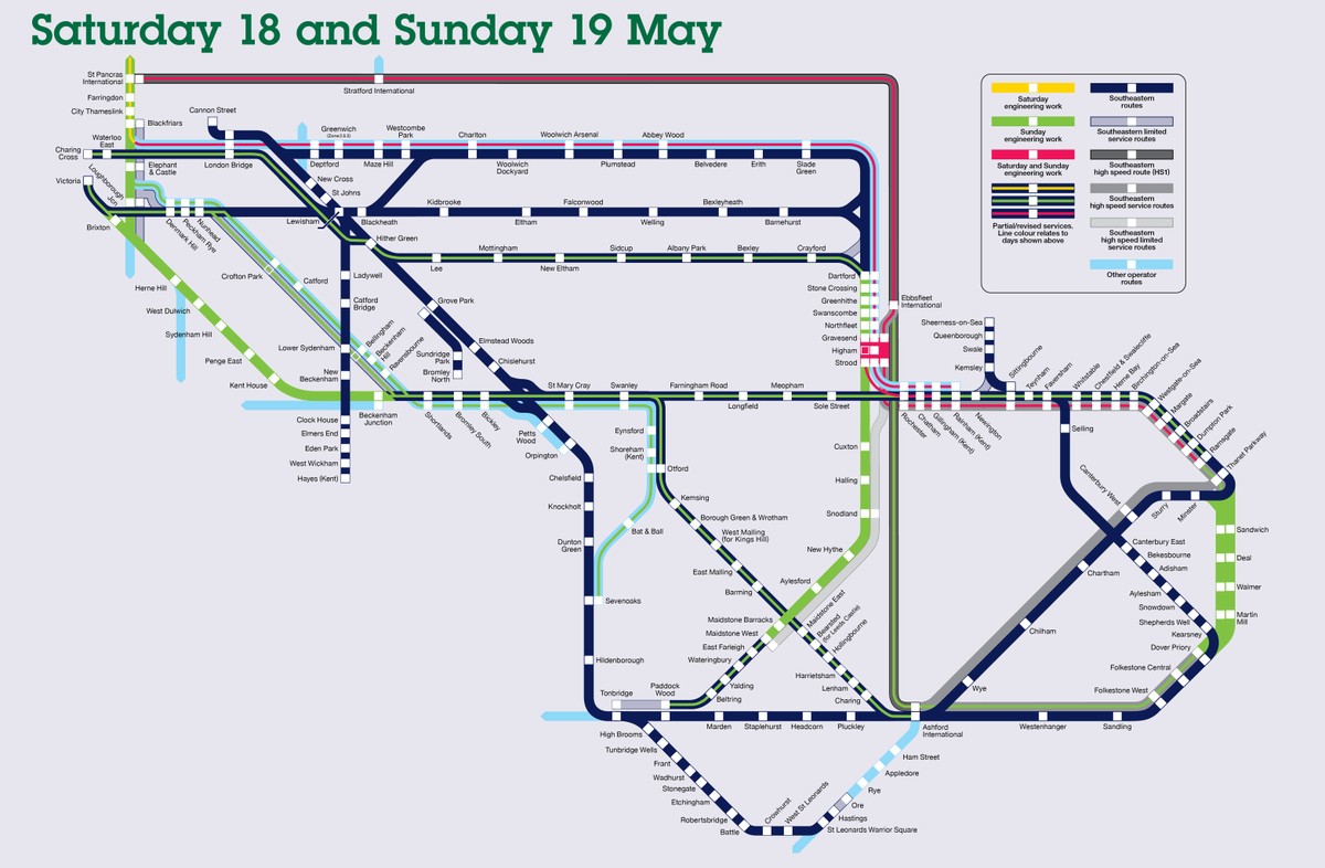 🚧Engineering work on Saturday 18 and Sunday 19 May

Affects journeys via 
#Gravesend all weekend
and on Sunday
#MaidstoneWest, #HerneHill, #Sandwich

More Info: southeasternrailway.co.uk/travel-informa…