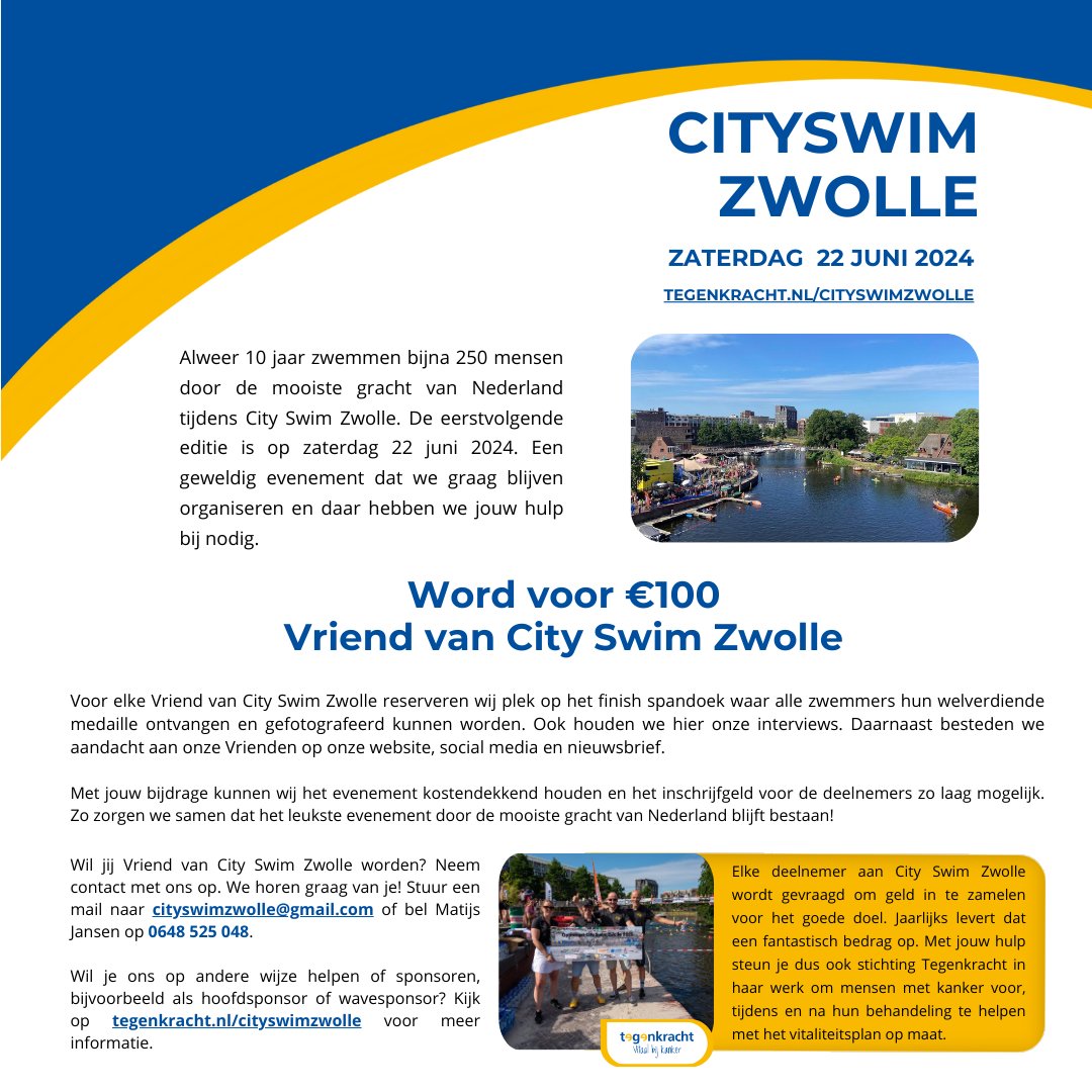 Word Vriend van City Swim Zwolle!

Als Vriend van City Swim Zwolle help jij ons om dit prachtige zwemevenement door de mooiste gracht van Nederland te blijven organiseren.

Kijk hier hoe we vrienden worden tegenkracht.nl/cityswimzwolle/

#cityswimzwolle #zwolle #zwemmen #tegenkracht
