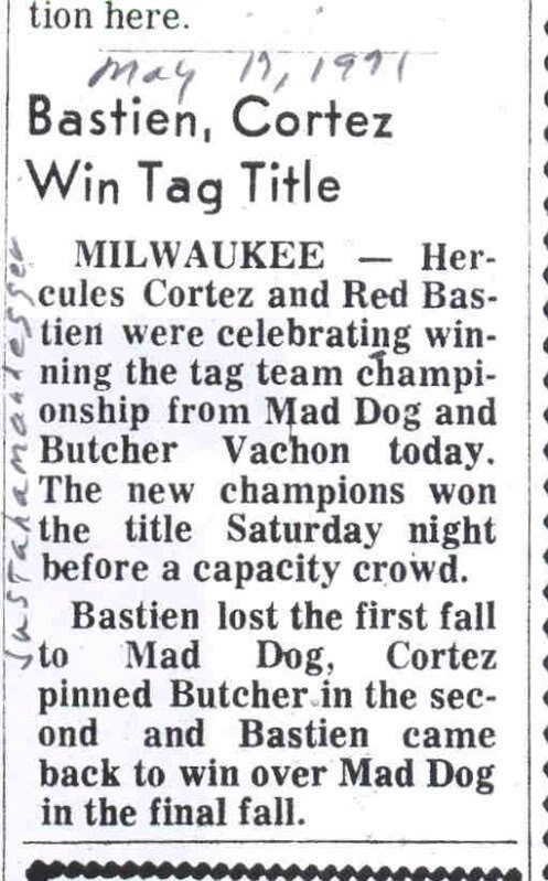 On this day in 1971, Red Bastien and Hercules Cortez won the AWA World Tag Team Championship #AWA #TagTeamTitles