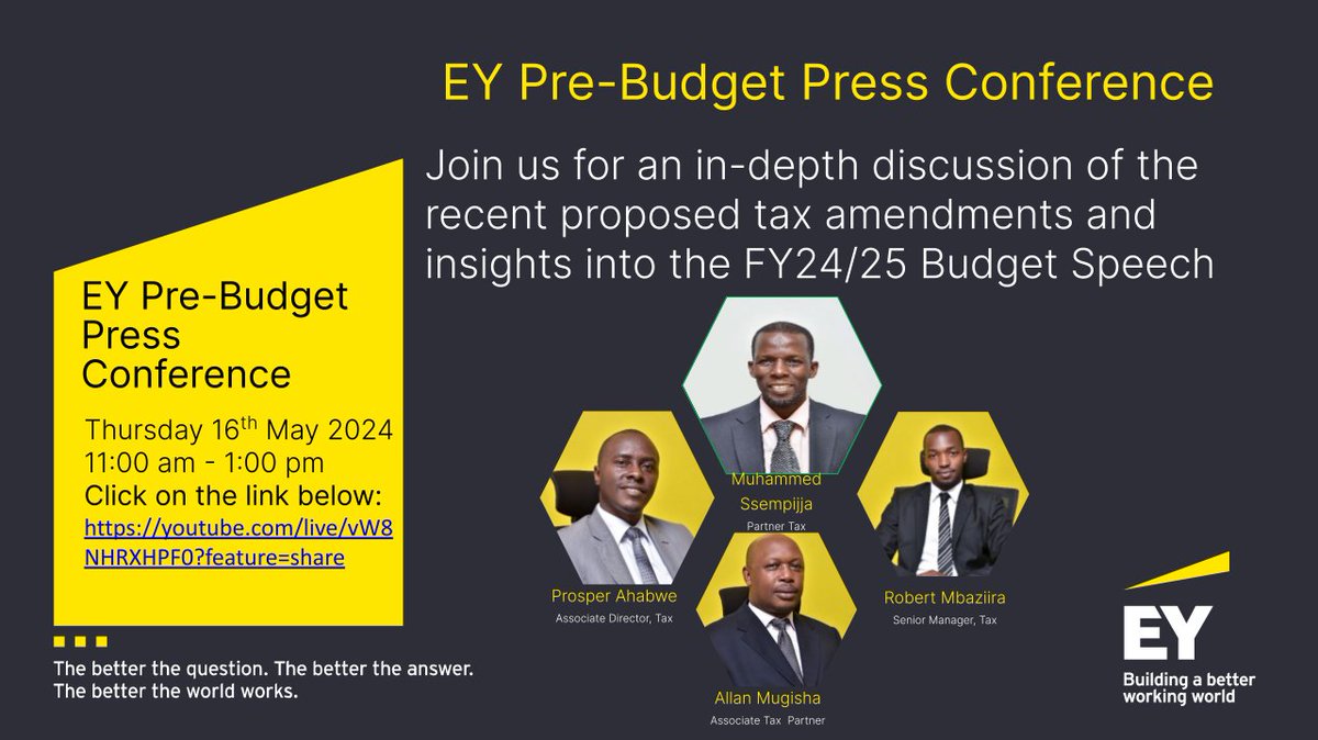 Dont miss an in-depth discussion of the recent proposed tax amendments and insights into the FY24/25 Budget Speech by EY Uganda tomorrow. Tune in live using this link. youtube.com/live/vW8NHRXHP… #AmChamUg #BusinessInUg