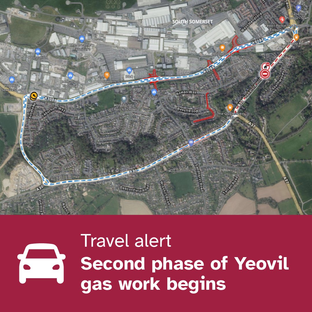 From 27 May a one way order will be in place on Hendford Hill allowing traffic uphill towards the A37. This is to facilitate the ongoing gas main replacement works by Wales & West Utilities. (1/2)