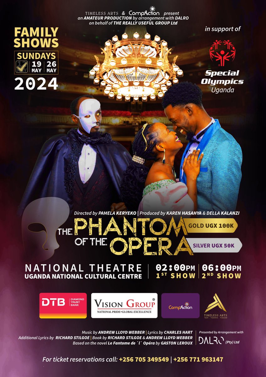 TimelessUg's tweet photo. Escape into a world of mystery and music this Sunday at the National Theatre.
With support from @dtb_uganda and @VisionGroup, Timeless Arts presents The Phantom of the Opera β a magical experience for the whole family.
#PhantomOfTheOpera
#POTOWorldwide
#POTOUganda
#TimelessArts https://t.co/spjPeSSHEJ