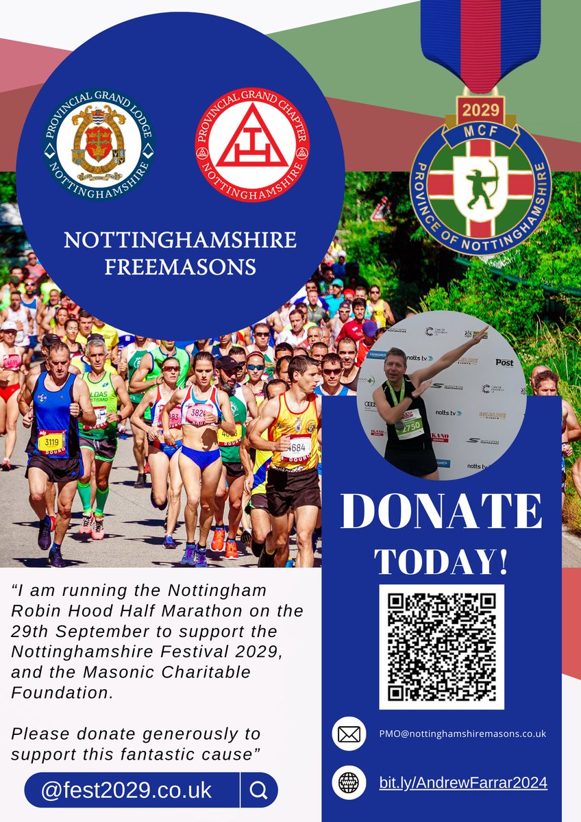 On the 29th September, our Provincial Membership Officer, Andrew Farrar, is running the Nottingham Robin Hood half-marathon in aid of the Nottinghamshire Festival 2029 and the @Masonic_Charity Donate Today at bit.ly/AndrewFarrar20… #freemasons #service #charity