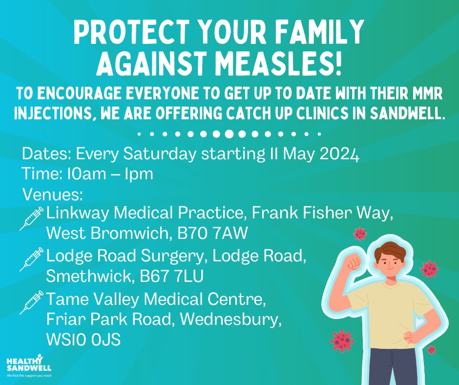If you or your family are missing any of your MMR vaccine doses, there are now pop up clinics in Sandwell every Saturday! To find out how to book an appointment, visit: healthysandwell.co.uk/sandwell-catch…