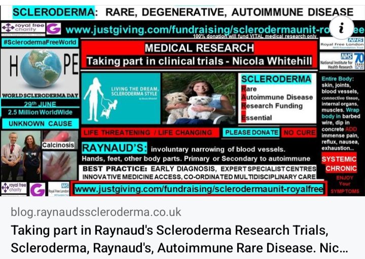 Taking Part in Clinical Trials blog.raynaudsscleroderma.co.uk/2017/04/taking… 
Read about scleroderma research @RoyalFreeNHS:
royalfreecharity.org/focus/sclerode… 
royalfreecharity.org/news/story/gra… 
royalfree.nhs.uk/services/scler… 
#SclerodermaFreeWorld #RaynaudsFreeWorld 
#Research #Scleroderma #SystemicSclerosis #Raynauds #NoCure