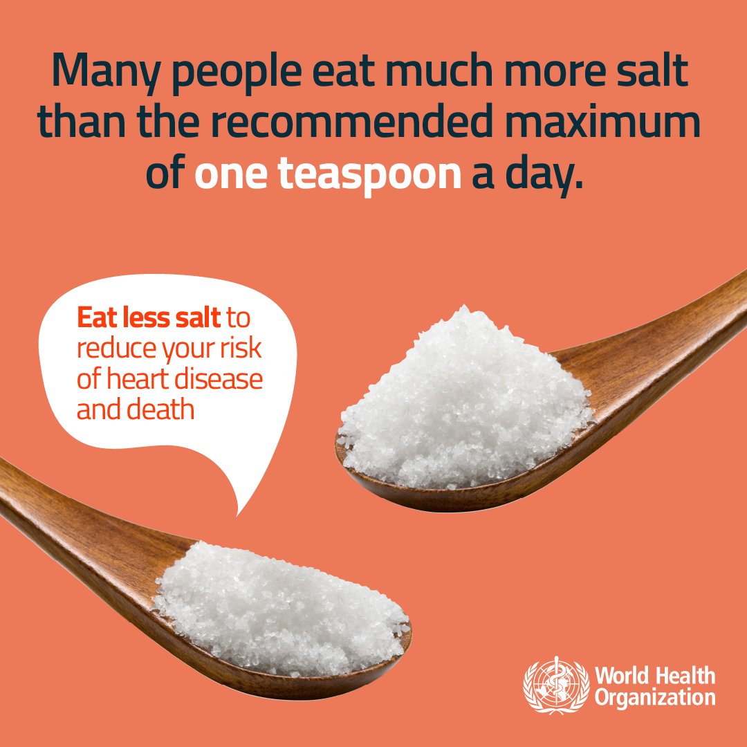 More than 1 teaspoon of salt per day can increase blood pressure, which is a leading risk factor for heart 🫀 disease & stroke. An estimated 2.5 million deaths could be prevented per year if everyone lowers their salt 🧂 consumption to the recommended limit