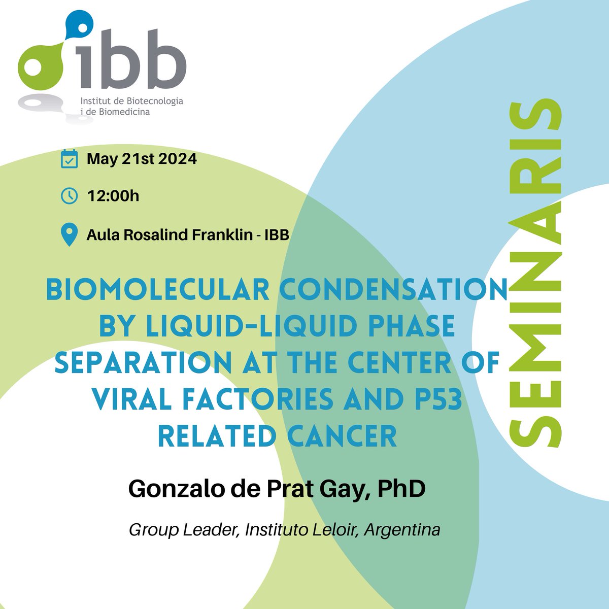 📢 Seminari 'Biomolecular condensation by liquid-liquid phase separation at the center of viral factories and p53 related cancer' - Dr. Gonzalo de Prat Gay, Instituto Leloir, Argentina. 🗓️21 maig 2024 ⌚️12pm 📍Aula Rosalind Franklin-IBB Us hi esperem! @PPMC_UAB #IBBSeminar