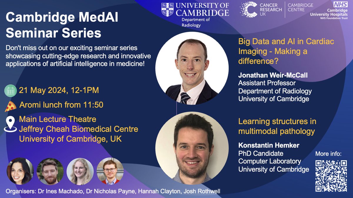Join our next Cambridge MedAI Seminar hosted by @CRUKCamCentre and @radiology_UOC 🗓 Tuesday 21 May, 12:00-13:00 📍 Jeffrey Cheah Biomedical Centre Lecture Theatre @CamBioCampus and on Zoom 👉 sign up eventbrite.co.uk/e/cambridge-me…