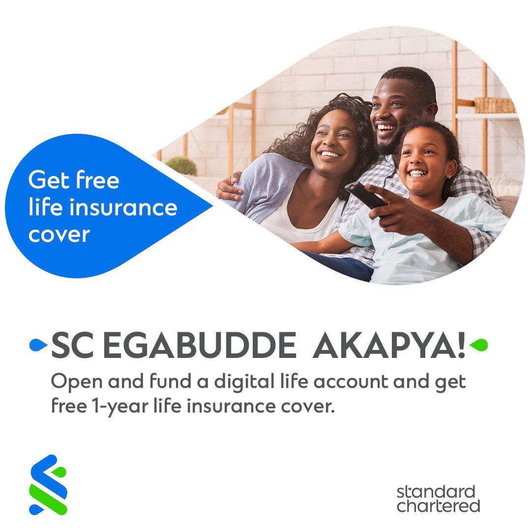 Your health should be a priority. @StanChartUGA says you can get yourself free insurance cover for a full year. Open and fund a Digital Life Account on your phone and maintain a minimum of 200,000/ for Atleast 90 days.  #ScEgabuddeAkapya #HereForGood