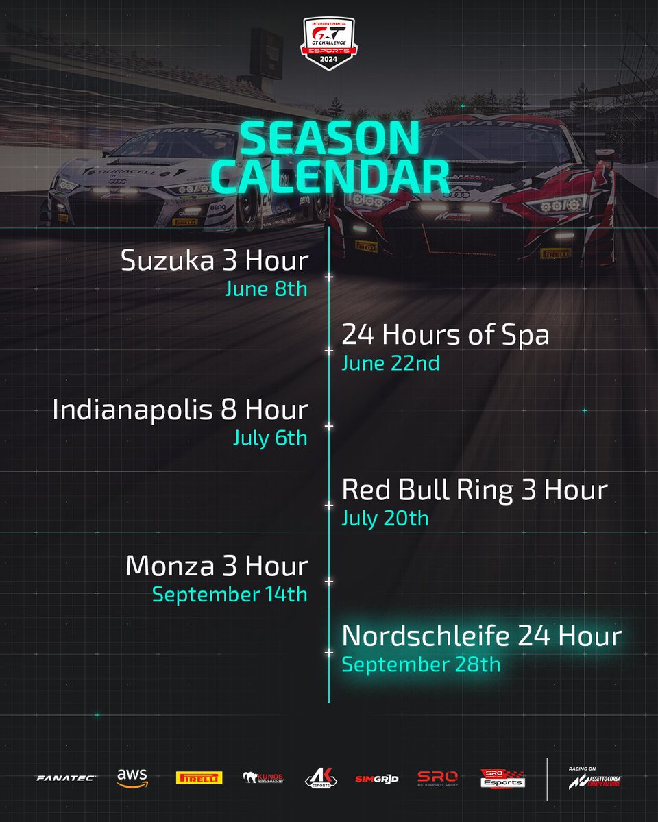 The 2024 SRO Esports calendar is officially out 🔥 Register now on sro-esports.com Organized by @AKEsportsIT and @sim_grid on @AC_assettocorsa Competizione @IntercontGTC @fanatec #SROesports #AKesports #SimGrid #IGTCE #beACC