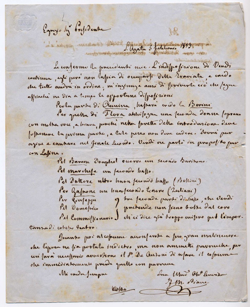 Nasceva oggi a Murano nel 1810 il librettista de La traviata e non solo, ovvero Francesco Maria Piave. Questa una lettera per assicurarsi che per la prima del 1853 fosse tutto a posto