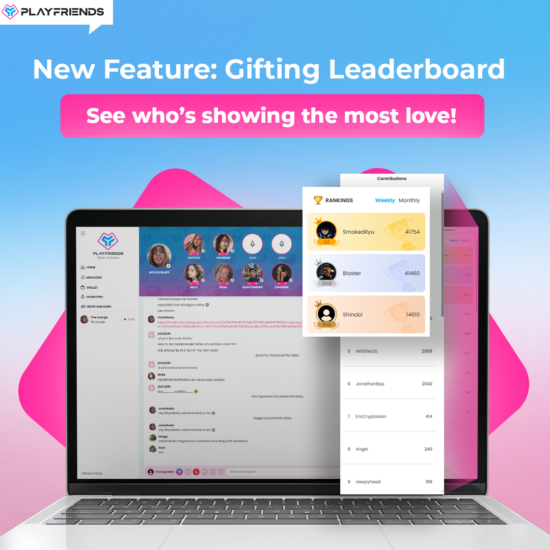 🎉 New Feature Alert! Check out the in-platform gifting leaderboards on Playfriends! 🎁 See where you stand and send gifts to climb the ranks. Start gifting today and make it to the top! 🌟
It's FREE to sign up! Join us now at app.playfriends.gg and start the conversation!
