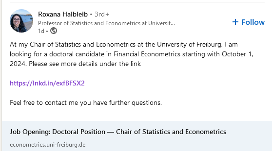 Vacancy for a doctoral candidate in Financial Econometrics. 
Department of Statistics and Econometrics,
University of Freiburg, Germany
lnkd.in/exfBFSX2
