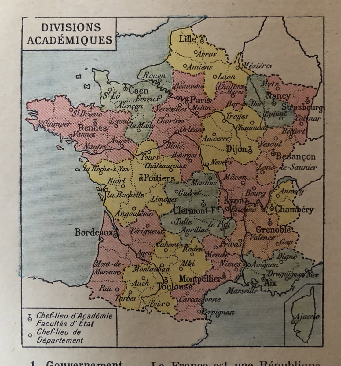 Carte : La France et ses divisions académiques.
Source : #CoursDeGeographie, La France et ses colonies, classe de quatrième - 1925, Alfred Mame et fils Éditeurs #ManuelGéographie