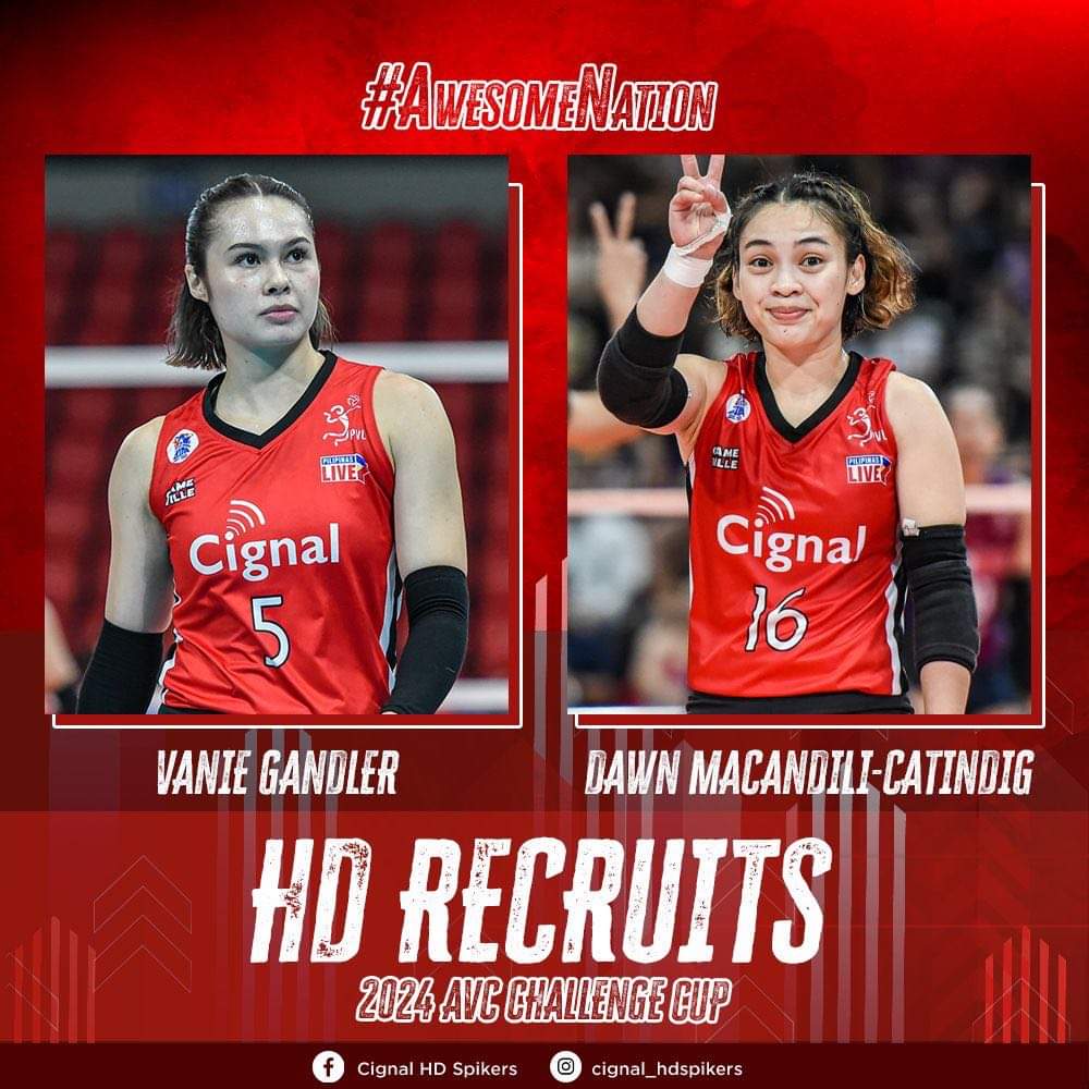 ANSWERING THE CALL 🫡

Vanie Gandler and Dawn Macandili-Catindig will be adding an awesome flavor for Alas Pilipinas in the upcoming 2024 AVC Challenge Cup from May 22-29!

Like and follow our pages for more updates! #AwesomeNation
IG: cignal_hdspikers
FB: Cignal HD Spikers