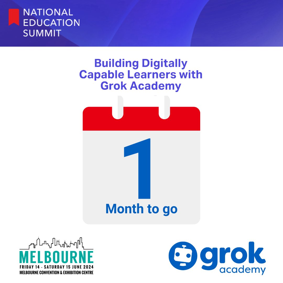 grokacademy's tweet image. We're so excited! 1 month until the @NatEduSummit  Melbourne!
Don't miss out on this incredible opportunity to learn, connect, and grow with us.
When: Fri 14 and Sat 15 June 2024
Where: Melbourne Convention & Exhibition Centre
nationaleducationsummit.com.au/melbourne/grok…
#GrokAcademy #NES24
