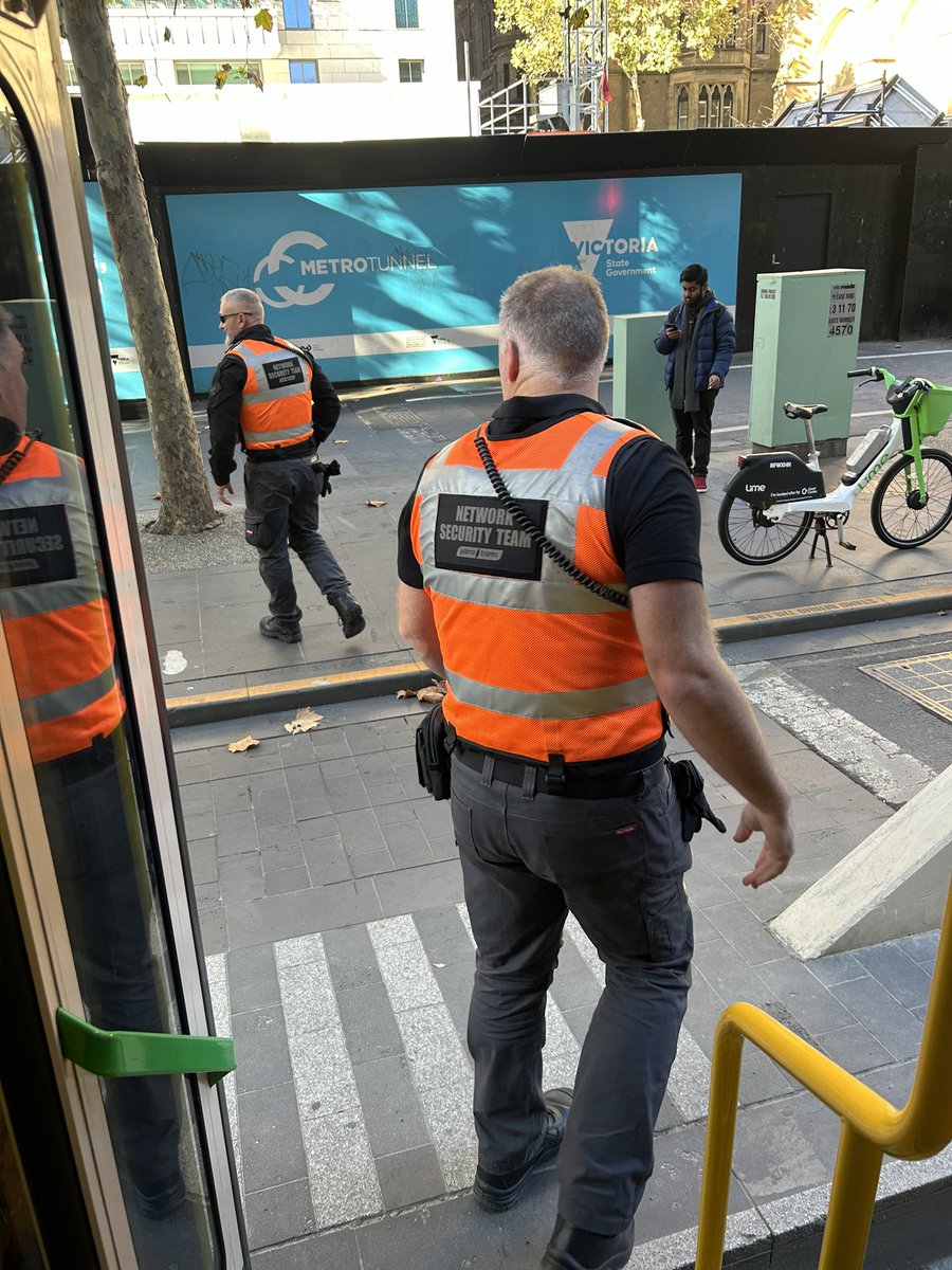 Has public transport on Swanston St #Melbourne got paramilitary looking “security” staff (3 on this tram) because of #Nakba day?