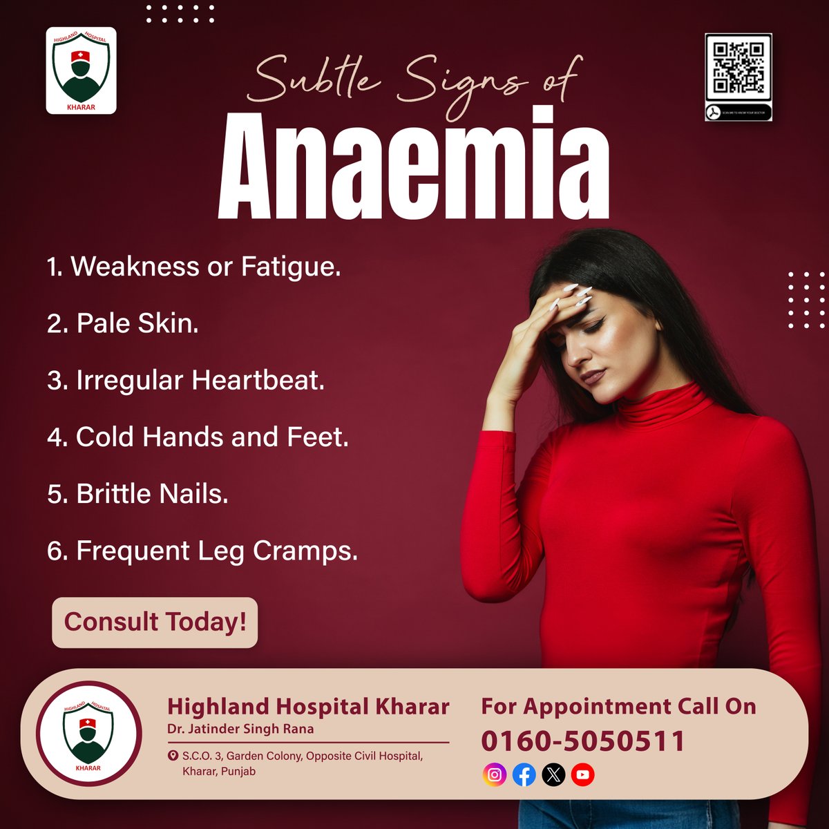 Feeling tired more than usual? It could be a sign of #Anaemia. Discover the subtle #signs of Anaemia that you shouldn't ignore. Stay informed, stay #healthy with #HighlandHospitalKharar!
.
#Kharar #Mohali #DrJatinderSingh #Besthospital #NursingCare #AnaemiaSigns #Healthcare