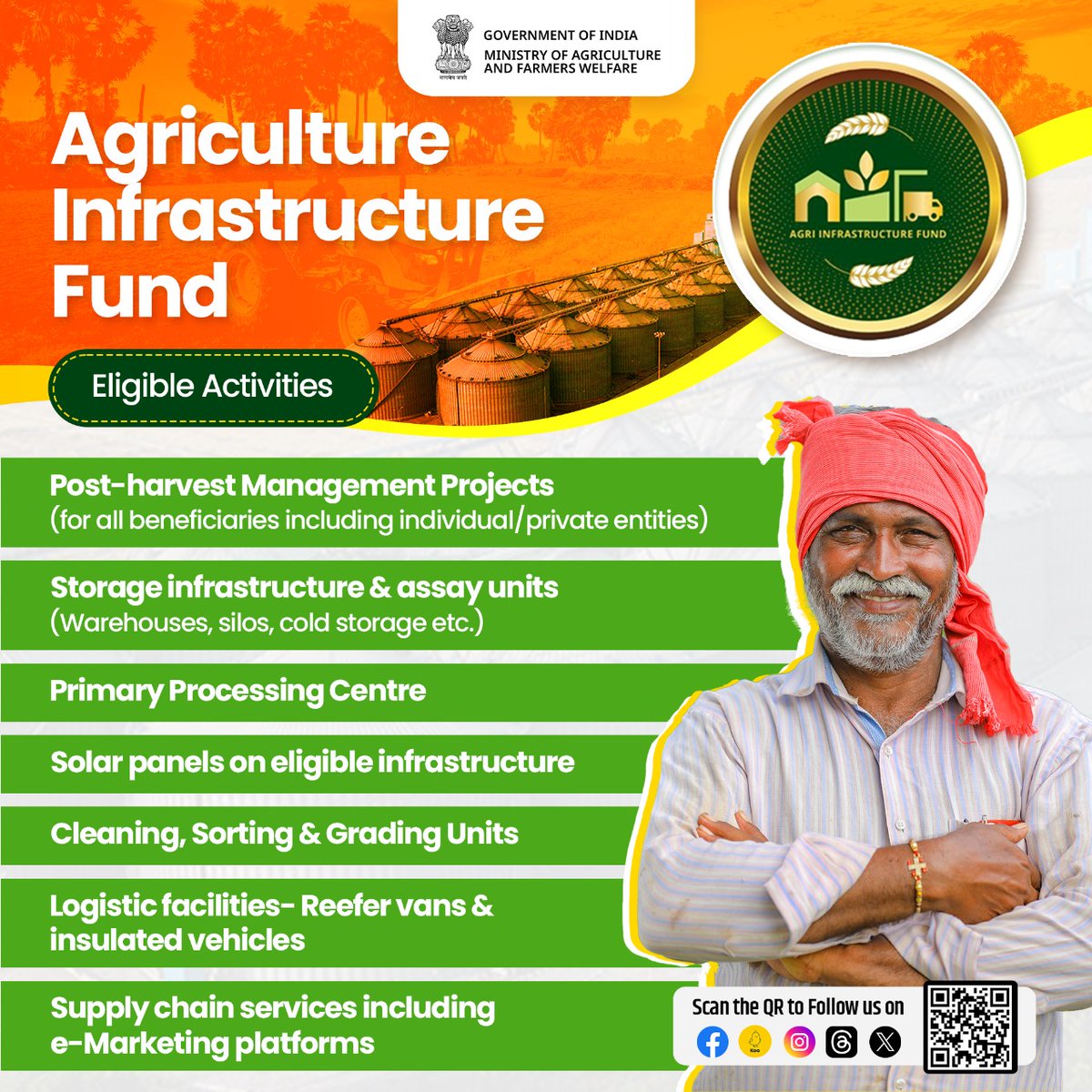 #AgriInfraFund offers financial assistance to #farmers, #agripreneurs, startups, SHGs, #FPOs, PACs etc. facilitating the construction of infrastructure for the post-harvest stage. It provides credit guarantees for loans up to ₹2 Crore & offers a 3% per annum interest subvention.