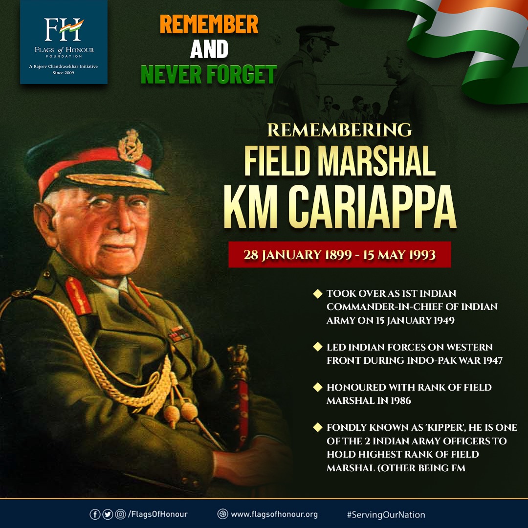 Remembering Field Marshal Kodandera Madappa Cariappa OBE, one of India's greatest military officers, on his death anniversary today. He was the first Indian Commander-in-Chief of the Indian Army. #RememberAndNeverForget #ServingOurNation