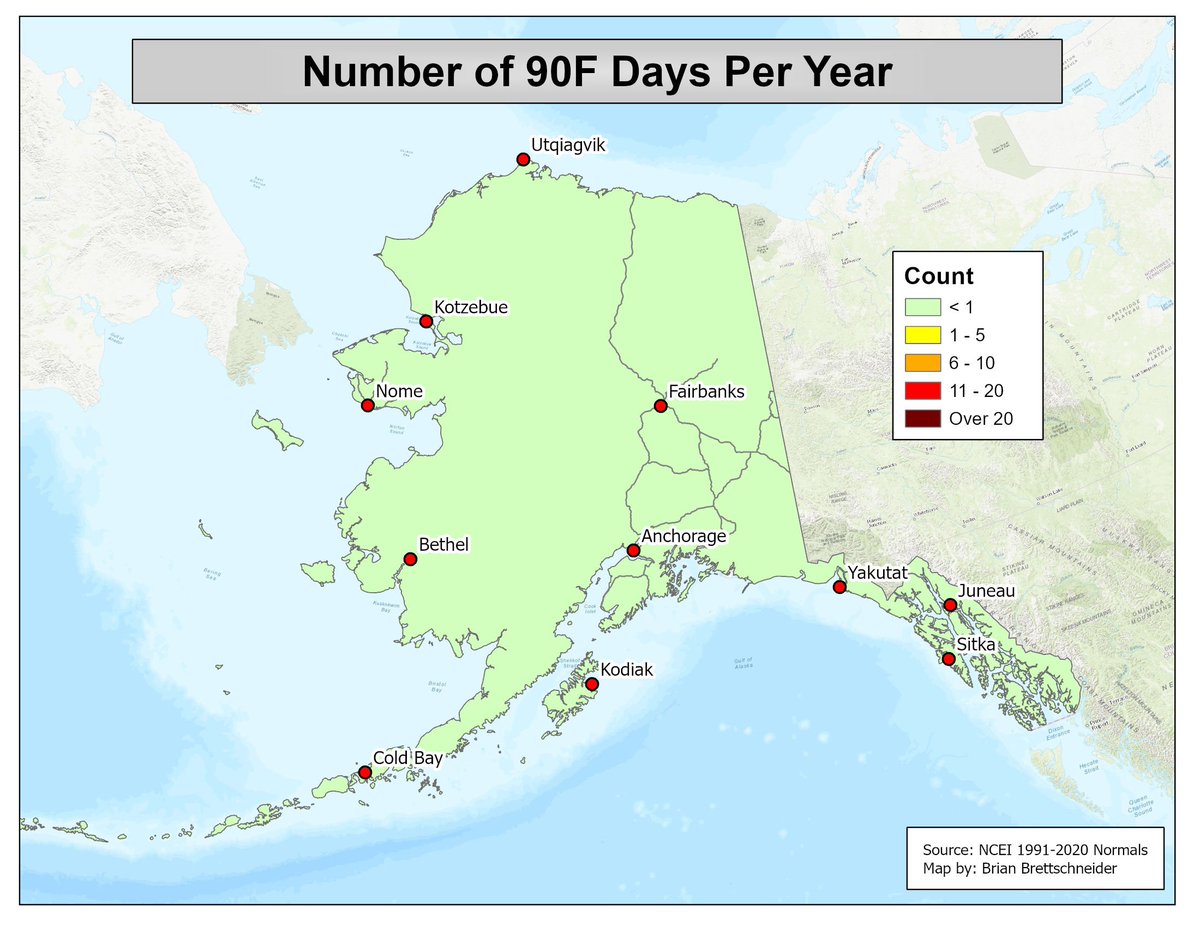 Number of 90F (32.2C) days per year at locations in Alaska using 1991-2020 NCEI climate normals.