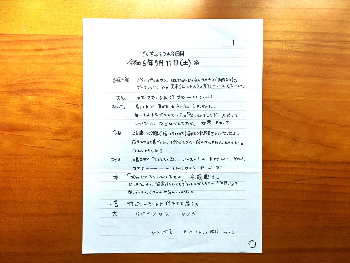 ごくちゅう263日目
令和6年5月11日（土）🌸

お昼ご飯
でかいパンのやつ。なんかおいしいなんかのやつ（お肉入り）。
ピーナッツクリーム。麦芽（なにそれ）の豆乳ジュース（おいしい）

天気
まださむいよね？？さむーい（ i ω i ）

わかった
差入れで　耳かき　が入った。さきっちょに、