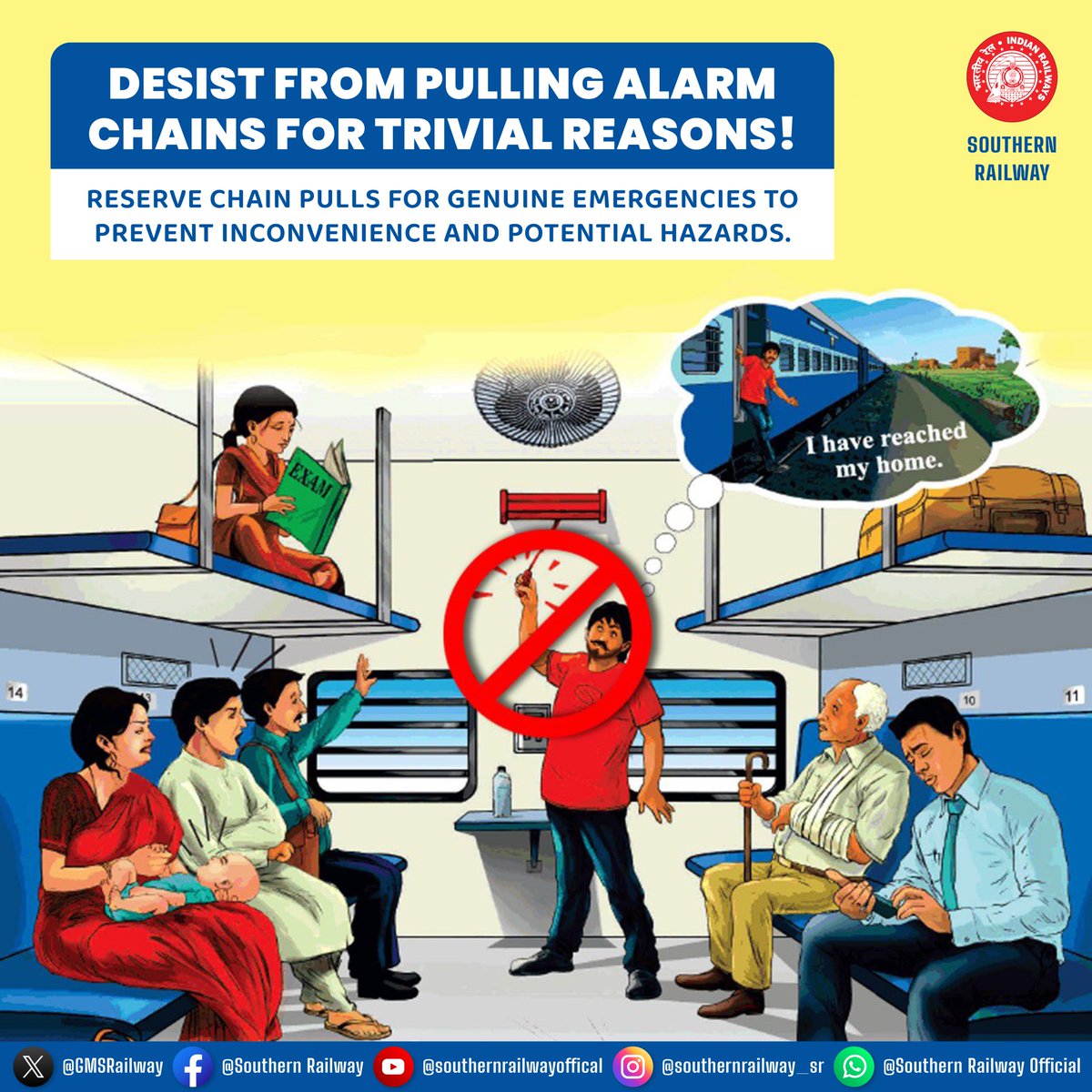 Before you reach for that train emergency chain, remember: pulling it without a valid reason can lead to major disruptions and delays for everyone onboard. Let's keep our journeys smooth and safe by using the emergency chain responsibly! #trains #SafetyFirst #awareness