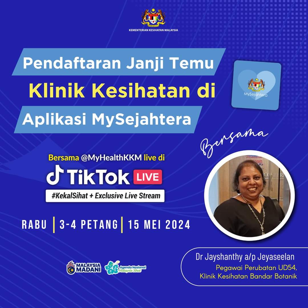 Pendaftaran Janji Temu Klinik Kesihatan di Aplikasi MySejahtera

Jangan lupa sertai TikTok Live @MyHealthKKM pada pukul 3.00 hingga 4.00 petang  bersama Dr. Jayshanty a/p Jeyaseelan, Pegawai Perubatan dari Klinik Kesihatan Bandar Botanik.

#ANMS  #sihatmilikku