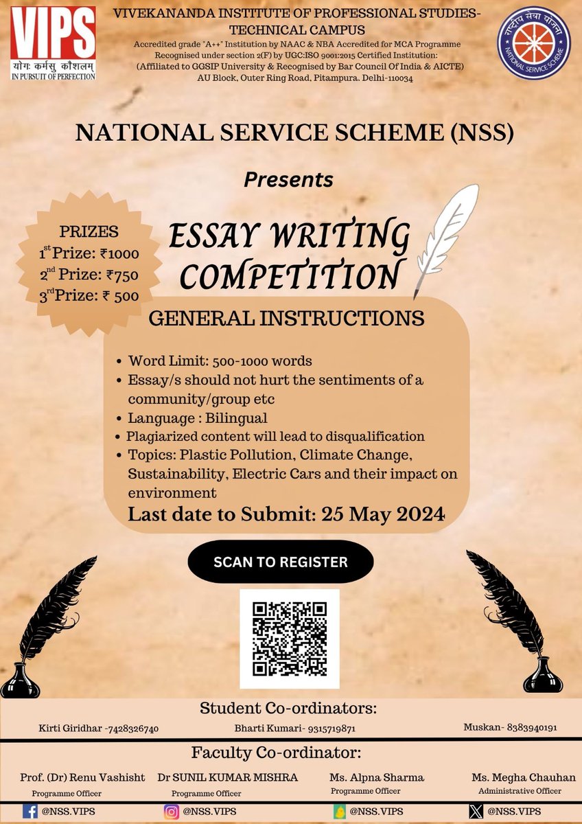 The @nssggsipuvipstc is calling all writers for an Essay Writing Competition on critical issues impacting our world today:
#PlasticPollution
#ClimateChange
#Sustainability
#ElectricCars & their #EnvironmentalImpact

Submit your essays by May 25th on: rb.gy/yjbea7