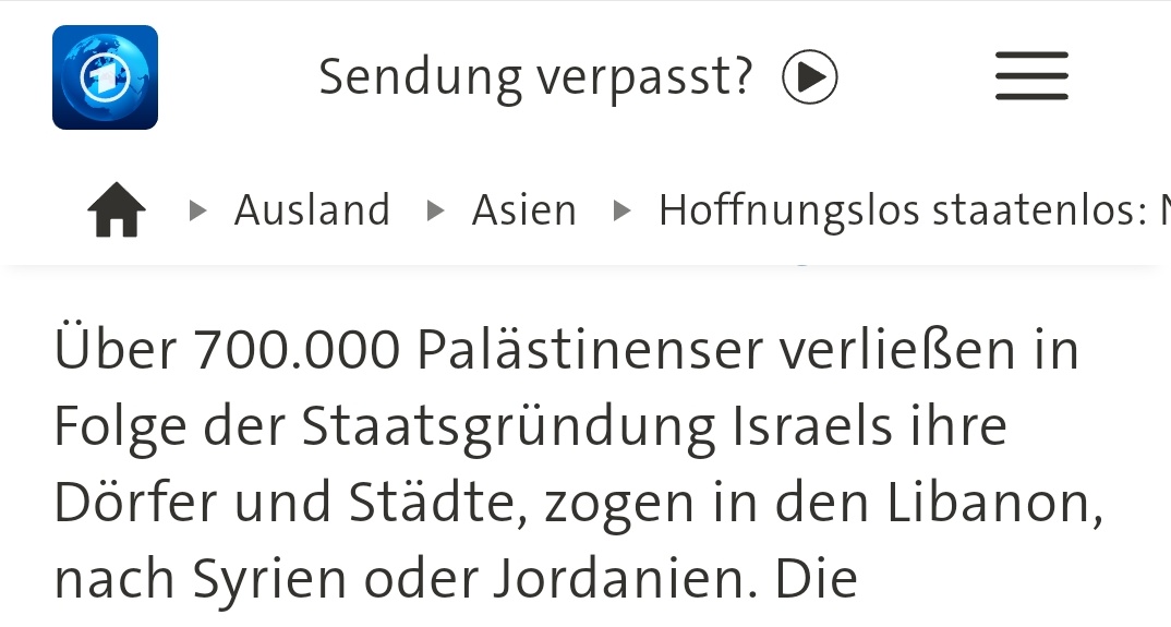 In diesem Beitrag der @tagesschau wird die #Nakba als Folge der Staatsgründung Israels benannt und der Kontext des Kriegs, des Angriffs der arabischen Nachbarstaaten auf den neugegründeten Staat #Israel, verschwiegen. tagesschau.de/ausland/asien/…