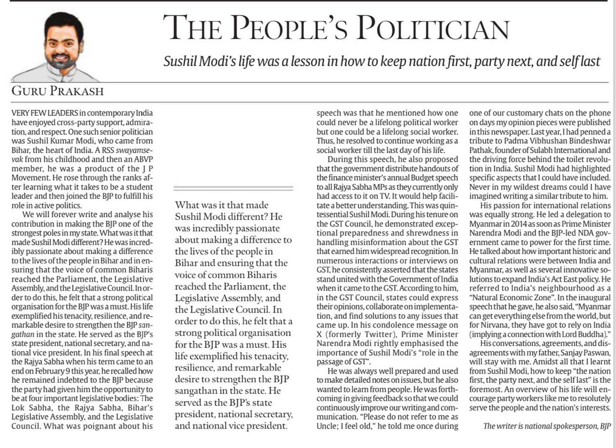 “Please do not refer to me as Uncle; I feel old,” he told me once during one of our customary chats on the phone on days my opinion pieces were published in this newspaper. Homage to the People’s Politician #SushilModi Ji 🙏🏻 indianexpress.com/article/opinio…