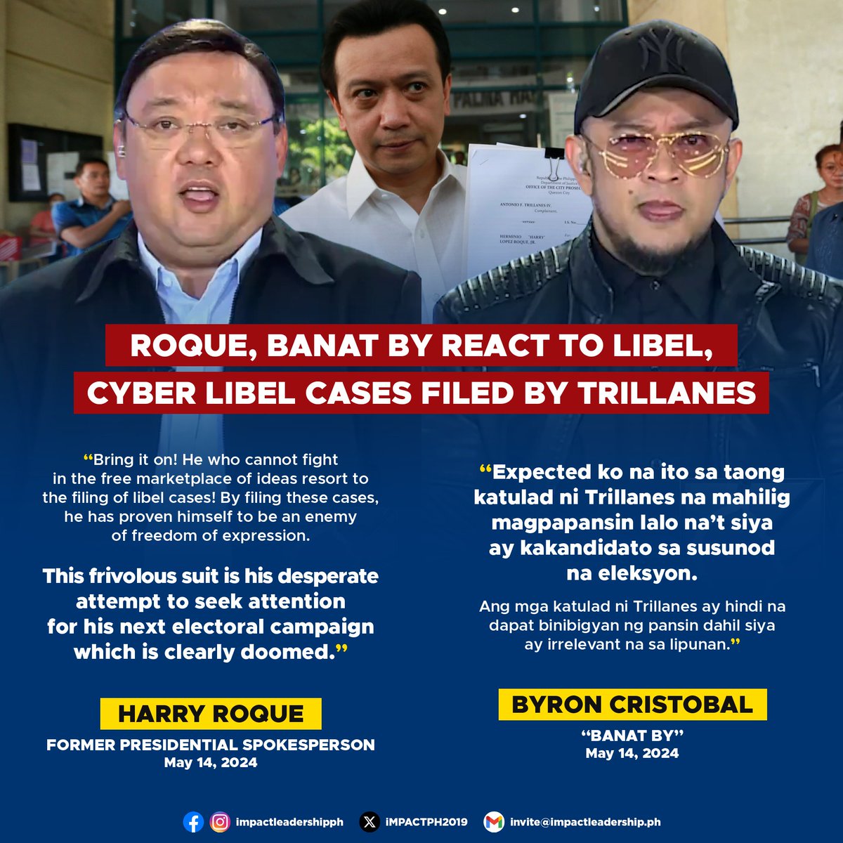 'BRING IT ON!' Former Presidential Spokesperson Harry Roque and Byron Cristobal, also known as Banat By, react to the libel and cyber libel cases filed by former Sen. Sonny Trillanes against them and other 'pro-Duterte' personalities.