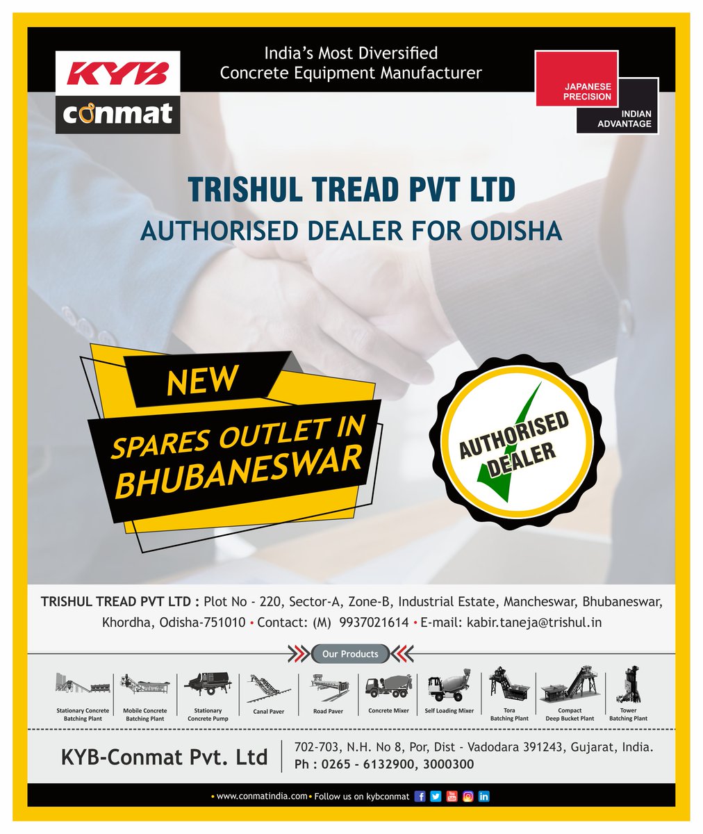 ConmatGroup's tweet image. We are excited to announce that spare parts and after sales services are now available in Bhubaneswar, Odisha through our new authorized dealer, Trishul Tread Pvt Ltd

#dealer #DealerNetwork #newoutlet #Bhubaneswar #Odisha #construction #KYBConmat #kybconmatproducts