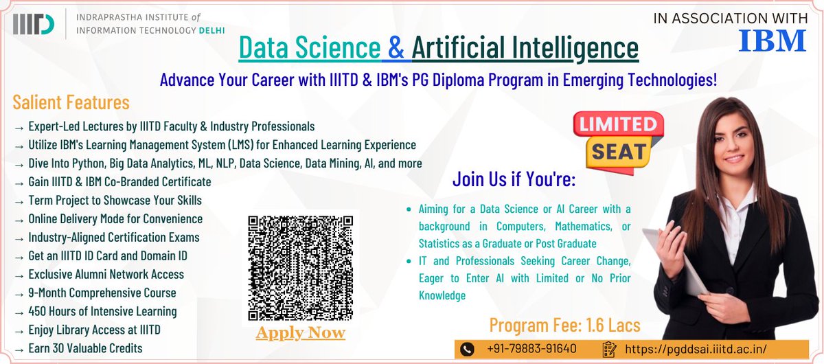 Here's your chance to reboot your career with the #PGDiploma in #DataScience and #ArtificialIntelligence from #IIITD in association with @ibm. New batch scheduled to begin in July 2024! For more details and registration, visit- pgddsai.iiitd.ac.in