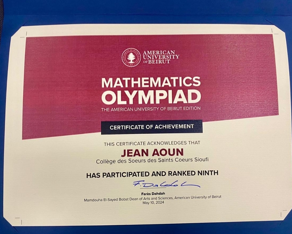 Bravo à notre élève Jean Aoun, 9ème aux Olympiades de mathématiques de l'AUB !
Les Olympiades de mathématiques visent à explorer un aspect stimulant et divertissant des mathématiques, tout en encourageant de nouvelles approches de réflexion.
#SSCCSioufi