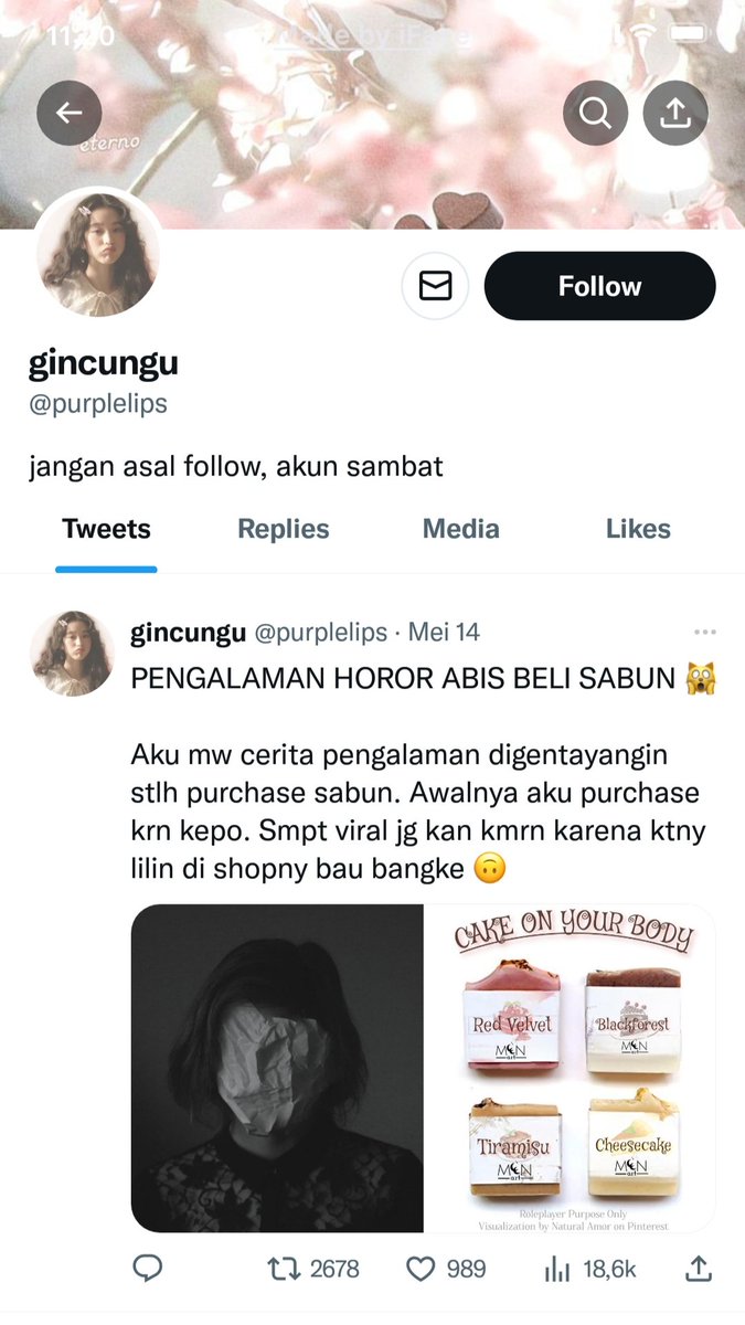User eKs bernama gincungu dengan username @/purplelips menjadi sorotan setelah mengunggah "kisah horor" setelah membeli sabun. Sabun tersebut diduga merupakan produk dari Moonart Scent.
