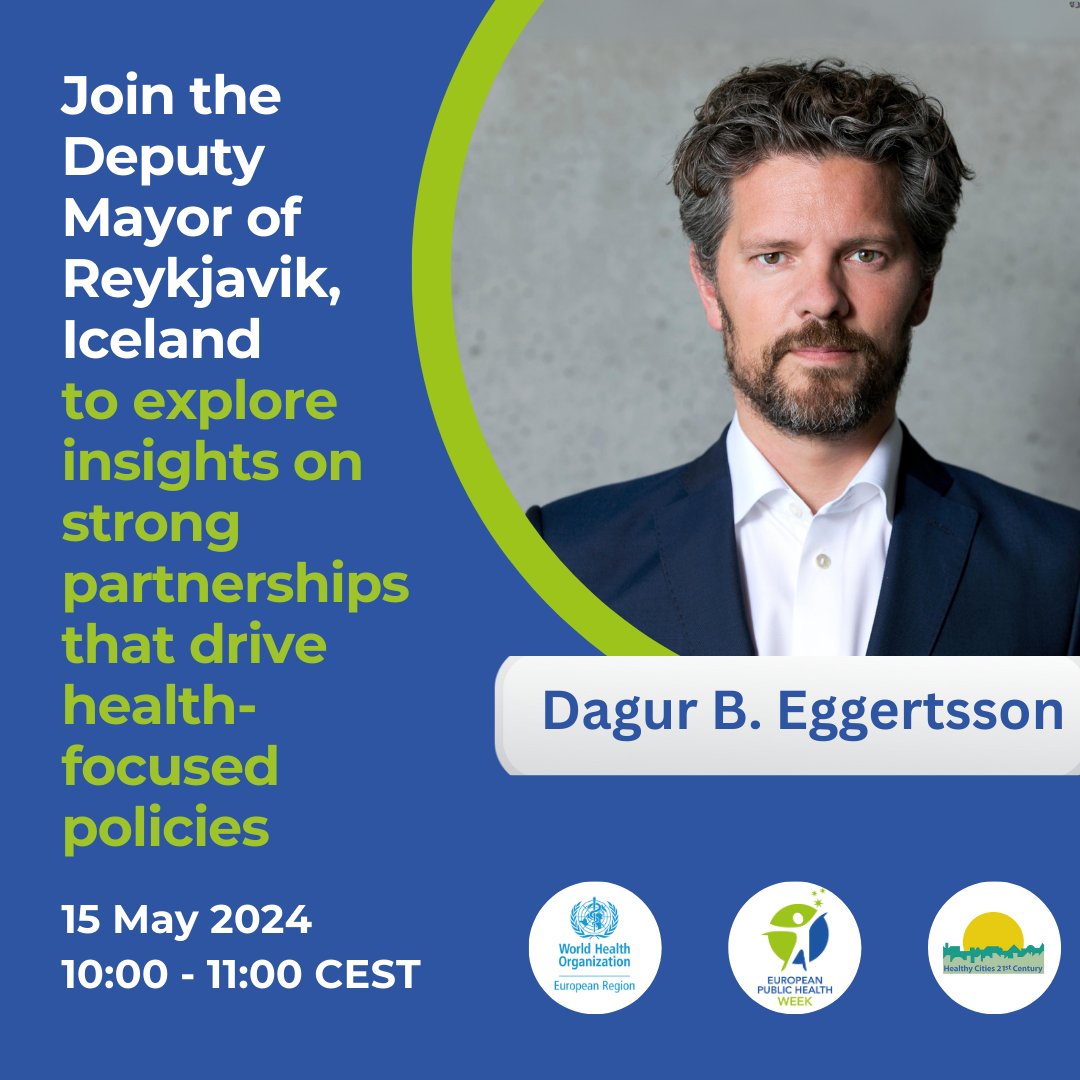 🌟 Did you know more than half of all Icelanders live in #Reykjavik? 📢Join us as Deputy Mayor @Dagurb shares their plan for designing health-promoting policies. Connect today at 10 CET 👉who.zoom.us/j/92645609253 Passcode: RHN2024! #Cities4Health #EUPHW @WHO_Europe_HCN