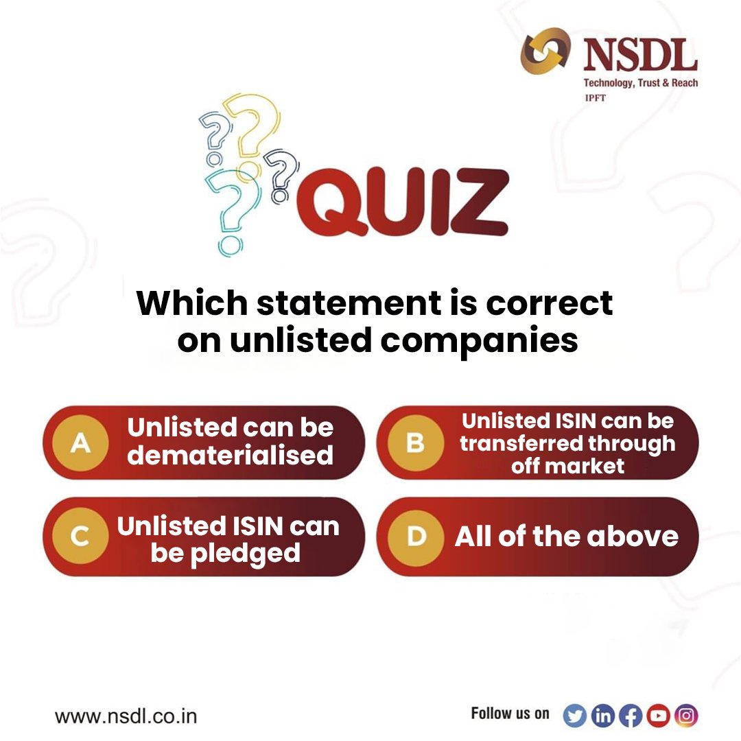 #Contest alert - Win prizes every week! To enter the quiz leave the correct answer in the comments below and stand a chance to win exciting prizes! 1) Follow NSDL on all of its social media channels. Facebook, facebook.com/nsdl.co.in LinkedIn, linkedin.com/company/nation…