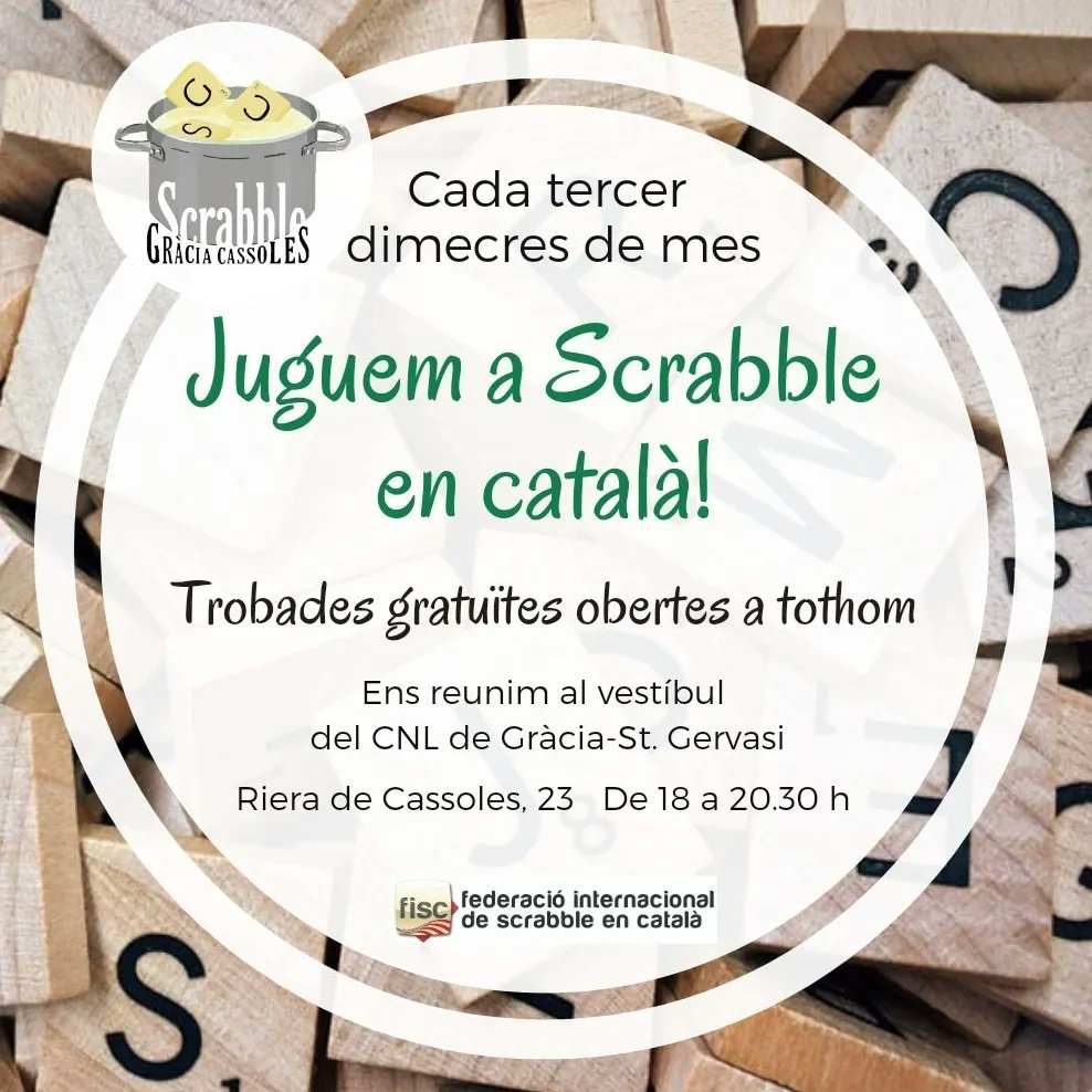 #Agenda AVUI! El tercer dimecres de mes, trobada de #scrabbleencatalà a #Gràcia! Tant si en saps o en vols aprendre, t'esperem de 18 a 20.30 h al @cpnlcat de #Gràcia-#StGervasi. #scrabble #scrabblecat #català #llenguacatalana #BarcelonaScrabble #vxl @Bcn_Gracia