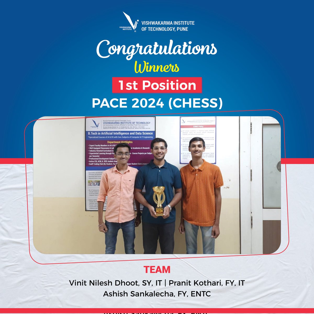 Congratulations to our incredible team for clinching the 1st Position in PACE 2024 (CHESS)! Way to go, Vinit Nilesh Dhoot, Pranit Kothari, and Ashish Sankalecha!
#TeamVictory #PACE2024Champions #ChessMasters #WinningTeam #ProudMoment #ChessChampions #CelebrationTime #GoTeam
