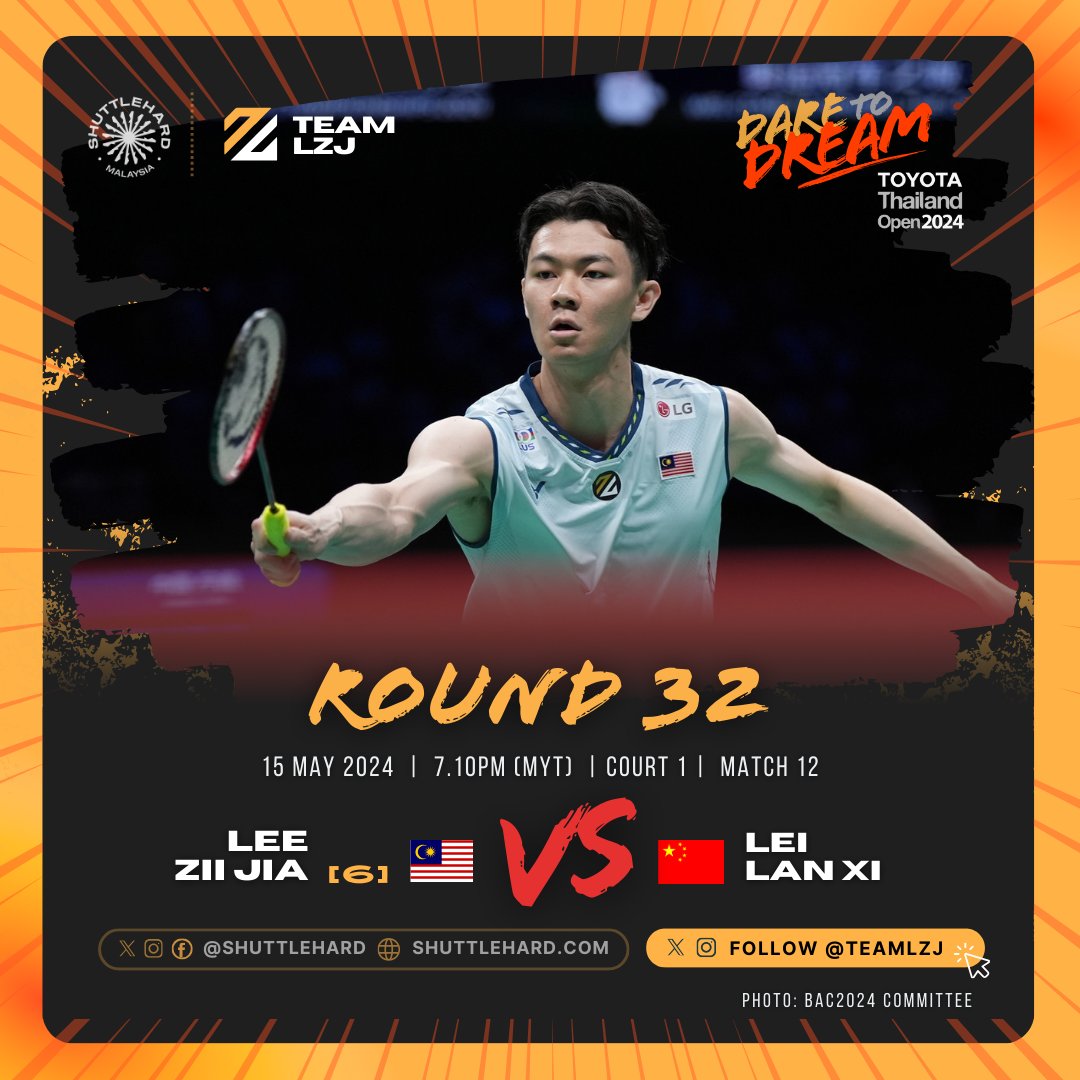 Back in #ThailandOpen2024 again after the memorable run in 2022.

Evening match today in Bangkok 🇹🇭

It will be 🇲🇾 Lee Zii Jia's 0️⃣2️⃣ meeting against 🇨🇳 Lei Lan Xi, where the previous meet sided LZJ.

📸 BAC2024 Organizing Committee

#TeamLZJ
#DareToDream
#UNBRKBL
#ShuttleHard