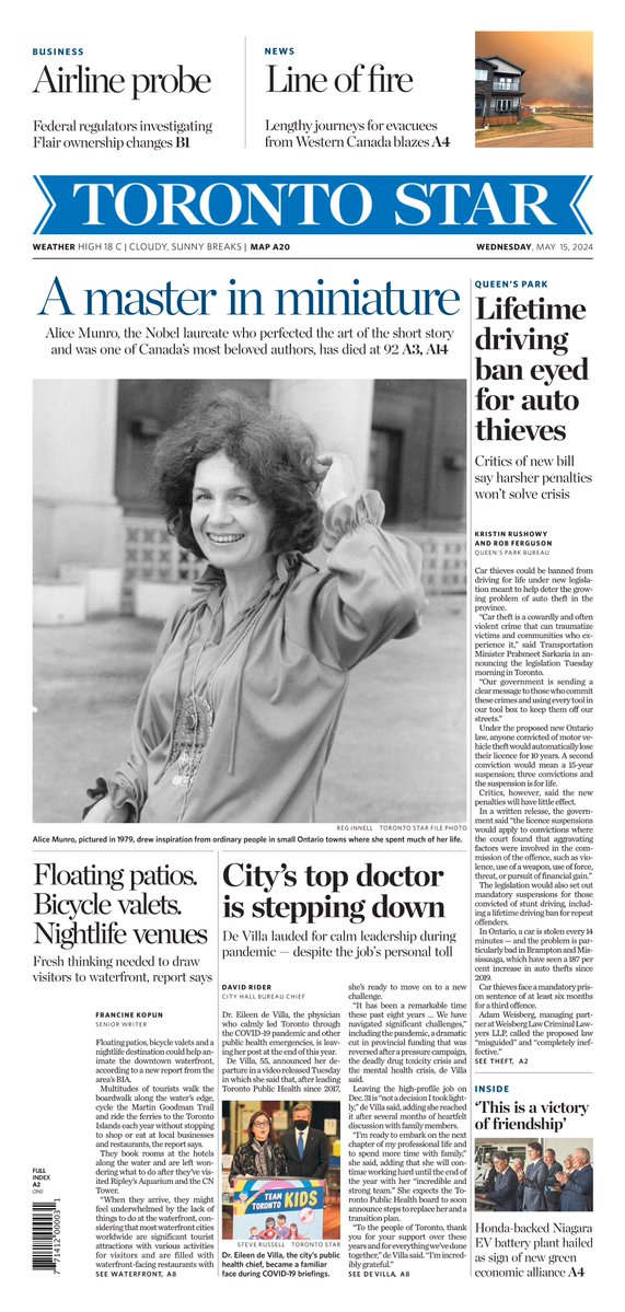 On Wednesday’s @TorontoStar A1: Ontario eyes tougher penalties for car thieves: @krushowy @robferguson1 report. Plus: @dmrider on the departure of Toronto’s top doctor. @KopunF on the downtown waterfront. And @realityeo @debdundas on the death of Alice Munro — 📸 Reg Innell.