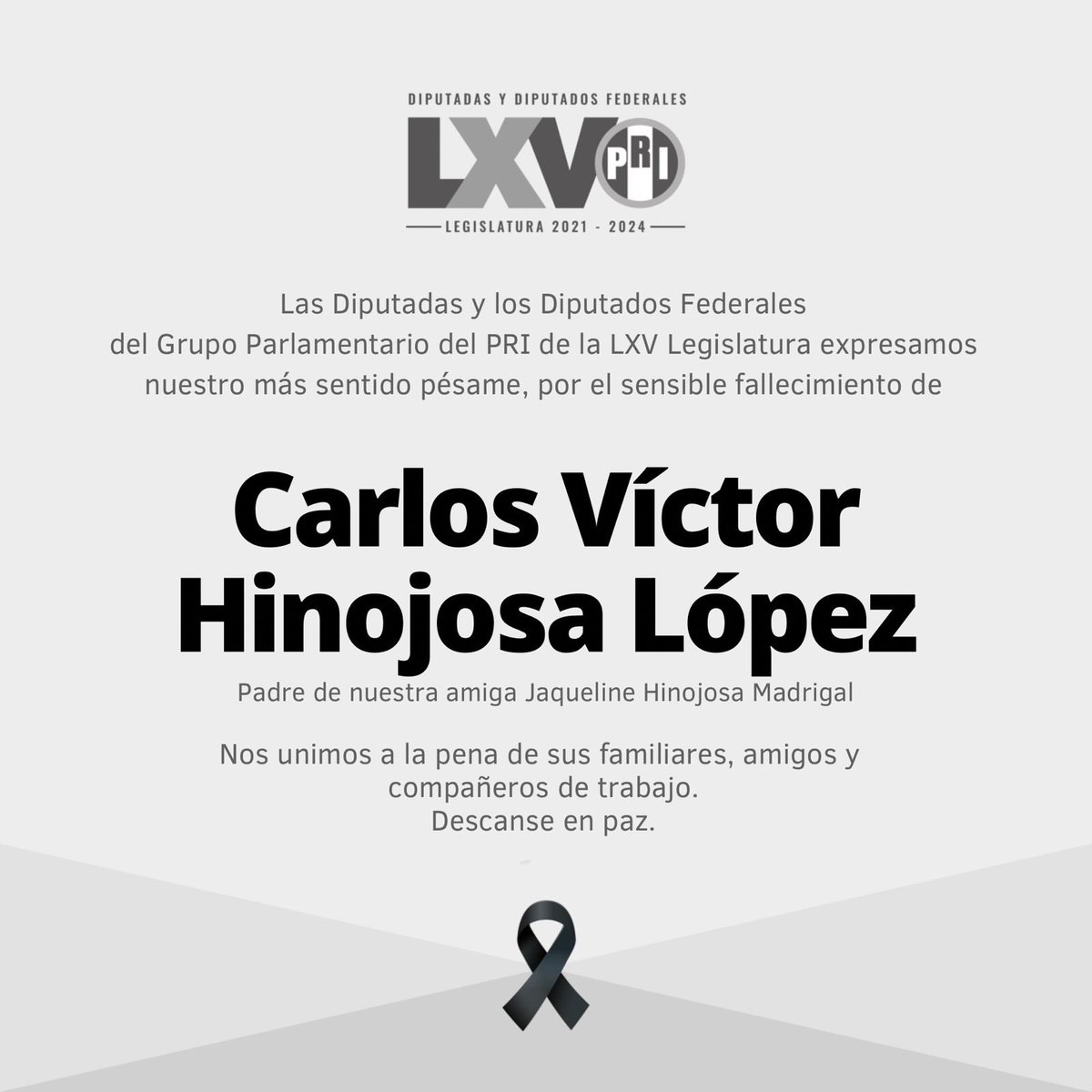 Nos unimos a la pena que embarga a nuestra compañera y amiga @jackiehinojosam por el sensible fallecimiento de su padre, el señor Carlos Víctor Hinojosa López. Nuestra solidaridad en estos momentos tan difíciles. Descanse en paz. 🕊️