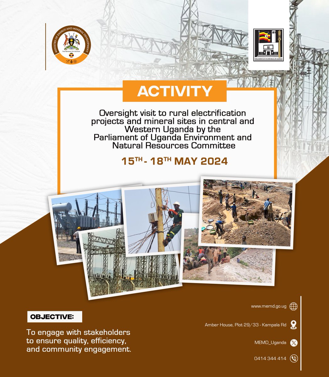 The @Parliament_Ug Committee on Environment and Natural Resources embarks on a 4-Day oversight visit today to rural electrification projects and various mineral sites in eight districts of; Gomba, Masaka, Mbarara, Mitooma, Ntungamo, Bushenyi, Kabarole, and Mubende.