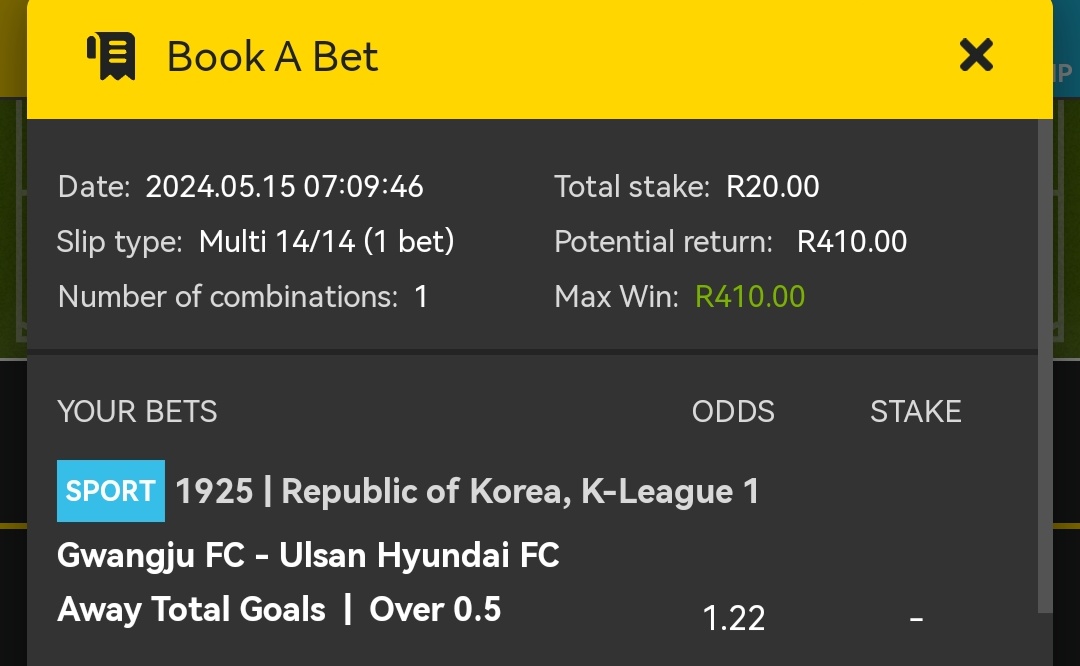 The easiest 20 odds you will get today!!!!! @Easybet_SA ⚽

⏰Kickoff : 09:30

📑Copy Betslip
easybet.co.za Book a bet easybet.co.za/share-a-bet/56…

📝Betslip Code : 565823

💰Promo Code : DDT50

Register 👇
ebpartners.click/o/lF7nqC

#YellowArmy #YellowNation #EASYBETSA 💛