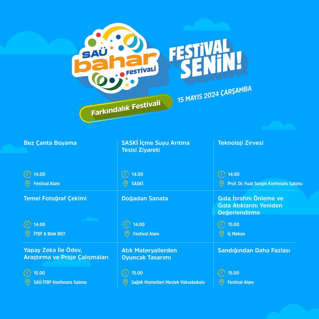 🎉 SAÜ Bahar Festivali

🗓️ 2. Gün Programı

Detaylı Bilgi: festival.sakarya.edu.tr