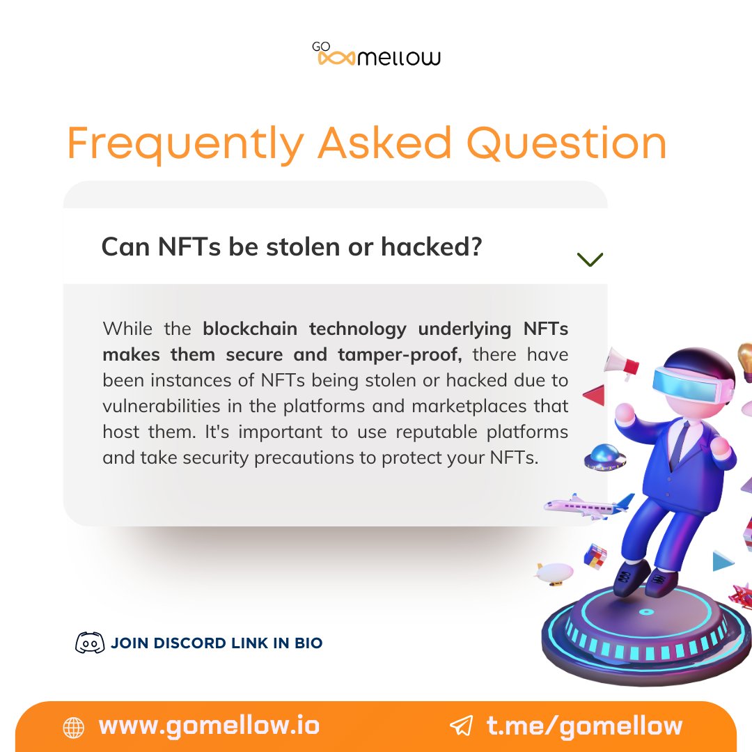 NFTs are kept safe by a cool technology called blockchain.

#NFT #SecureNFTs #NFTdrop #GoMellow #NFTcreator #NFTcollections #Blockchain