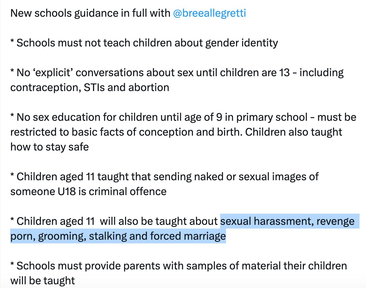 Entirely incoherent mess from the government. How can we teach 11 year olds about 'sexual harassment, revenge porn, grooming' and 'sending naked or sexual images' without having an 'explicit conversation about sex'? These things [that we'll explain in 2 years] are bad?