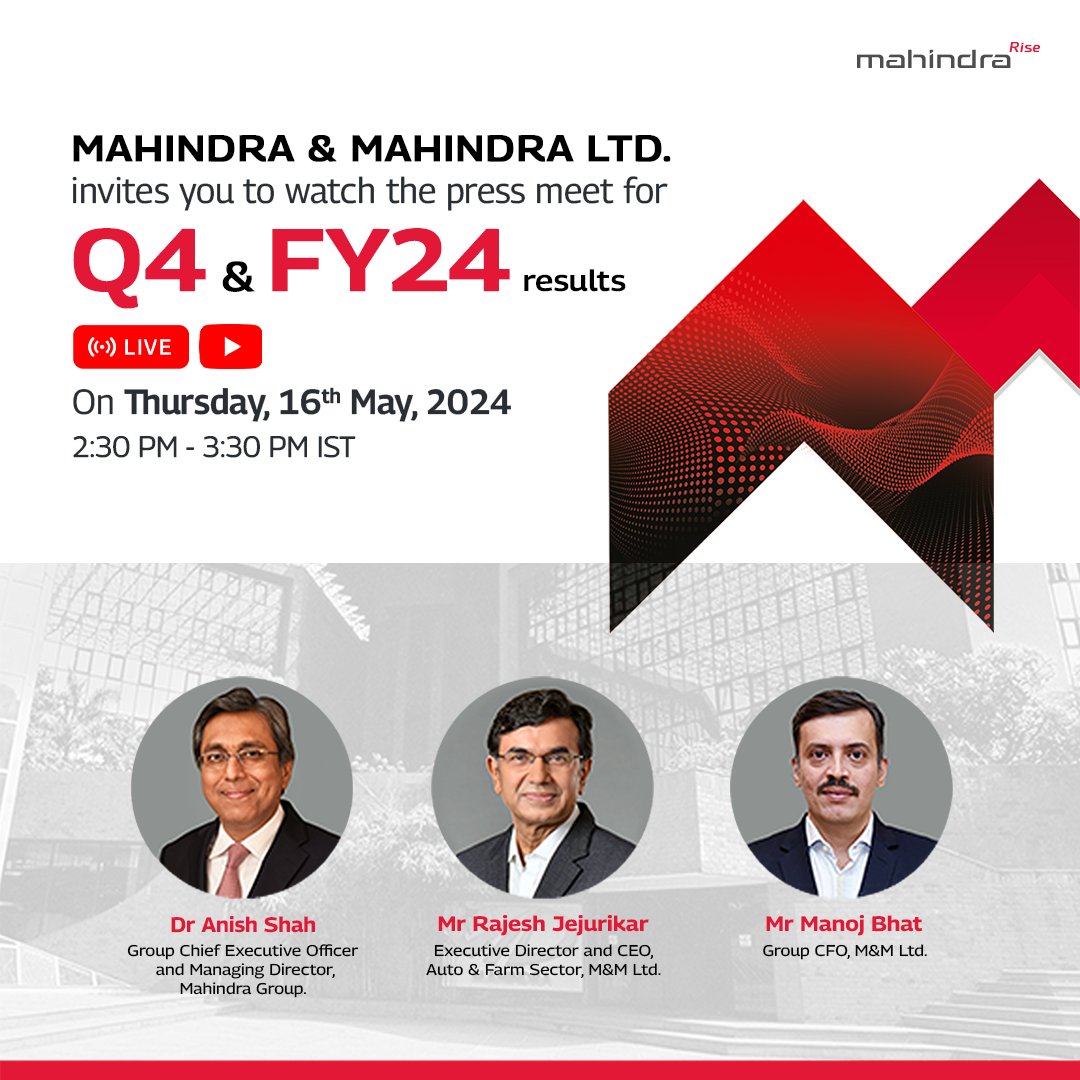 Attend our media briefing on Mahindra & Mahindra's Q4 & FY24 financial results. Tune in live at: youtu.be/4ELAetrRpuw #MahindraQ4FY24 #RiseToCreateValue