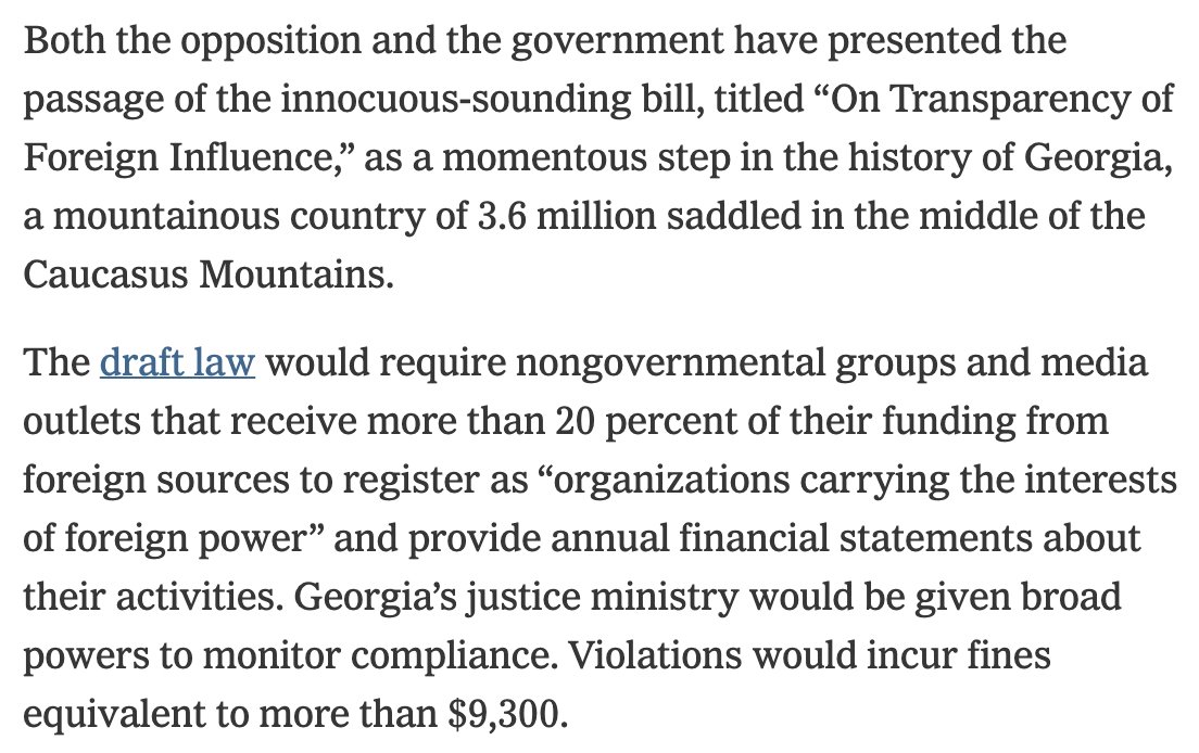 A bit ironic that an oligarch in Georgia, who made his money in a foreign country that wants to dominate Georgia, in Russia, is now pushing through a law against 'foreign influence'. nytimes.com/2024/05/14/wor…